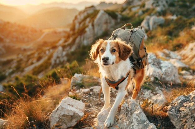 Photo hiking dog with backpack on mountain trail