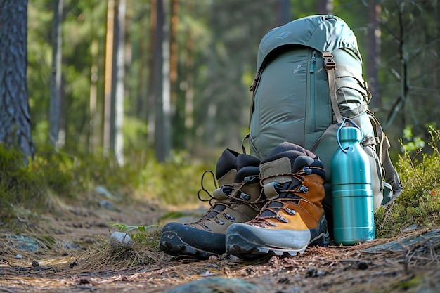 Hiking equipment in the forest Hiking backpack trekking boots and water bottle