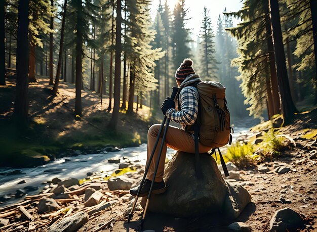 Hiking Equipment Including Backpack and Trekking Poles Set Up