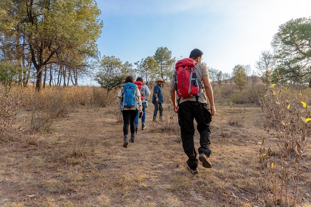 Hiking excursion with focus on ecotourism Group of hikers led by a local guide exploring nature Concept of hiking conservation exploration eco ecology local