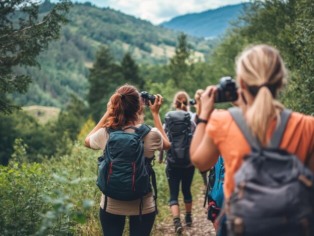 Photo hiking group stopping for photos in nature