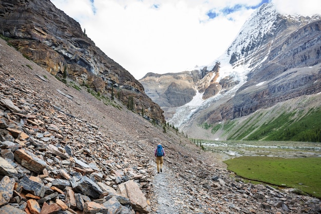 Hiking man in Canadian mountains.