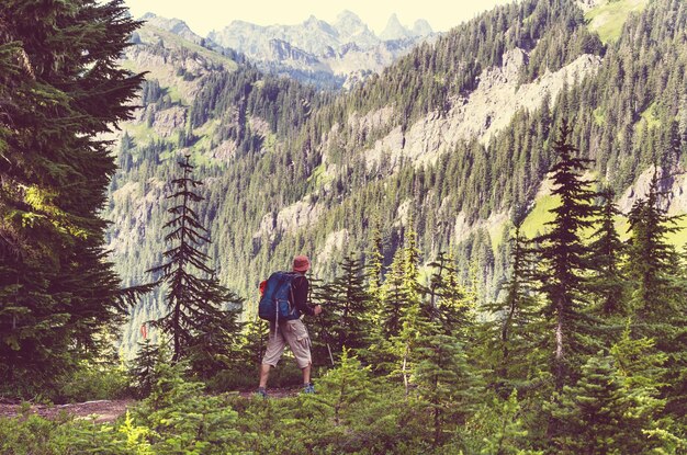 Hiking man in the mountains