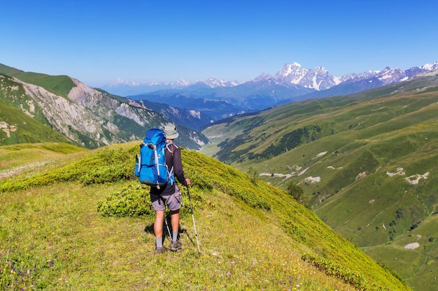 Hiking man in the mountains