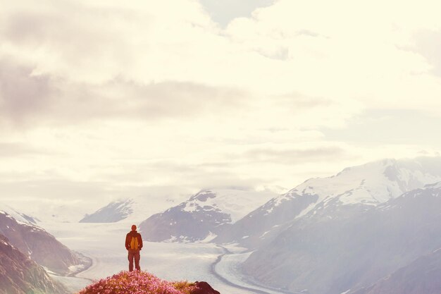 Hiking man in the mountains