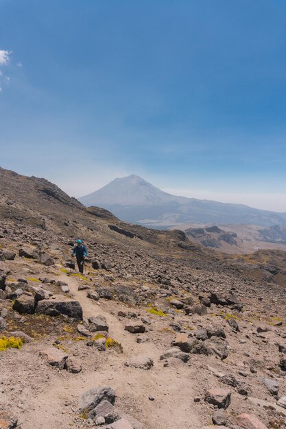 Hiking man portrait with backpack walking in nature