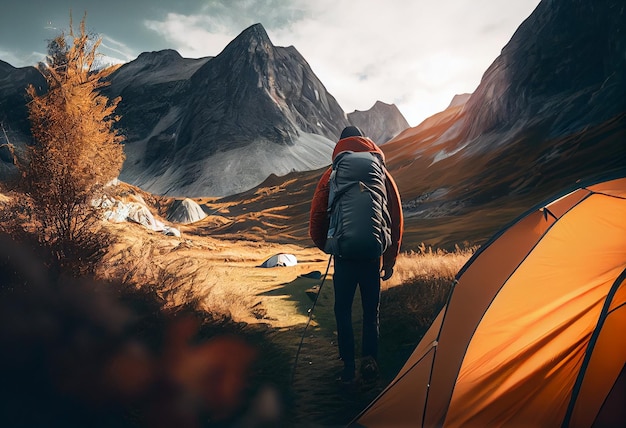 Hiking man with backpack and tent in the mountains generative ai