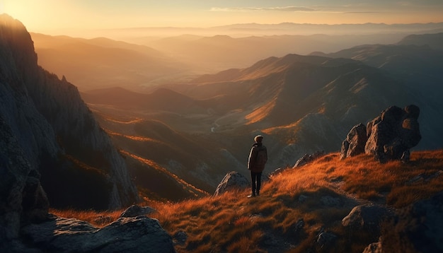 Hiking men reach mountain peak at sunrise backpacks and silhouettes generated by AI