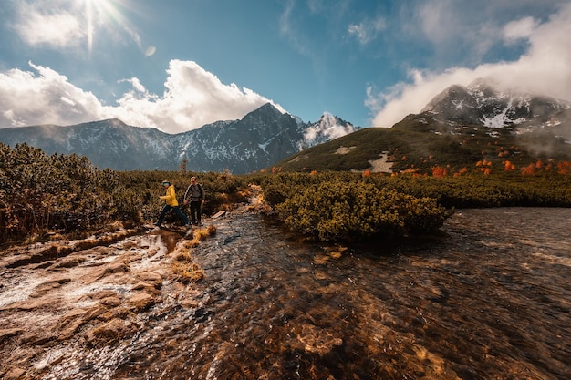 Hiking in national park High Tatras HiIking to biele pleso near zelene pleso in the mountain Vysoke Tatry Slovakia