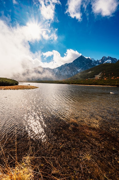 Hiking in national park High Tatras HiIking to biele pleso near zelene pleso in the mountain Vysoke Tatry Slovakia