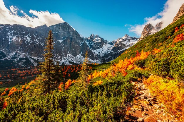 Hiking in national park High Tatras HiIking from white lake to Green lake in the mountain landscape Zelene pleso Slovakia