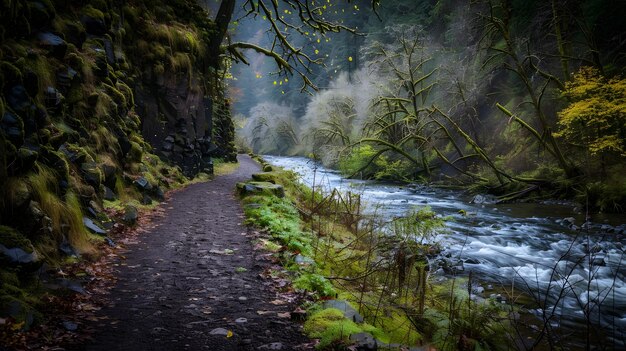 A hiking path along a river in a steep valley with high stone walls Oregon United St Generative AI