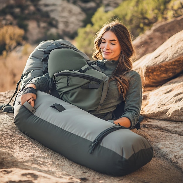 Hiking pillow and sleeping bag system designed for backpacking adventures