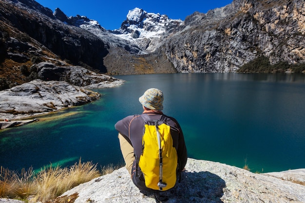 Hiking scene in Cordillera mountains, Peru