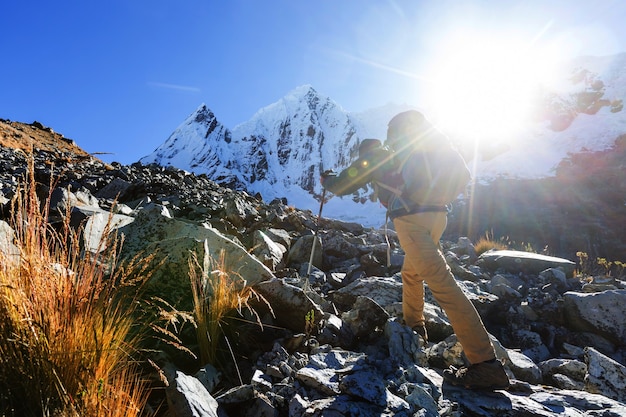 Hiking scene in Cordillera mountains, Peru