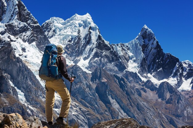 Hiking scene in Cordillera mountains, Peru