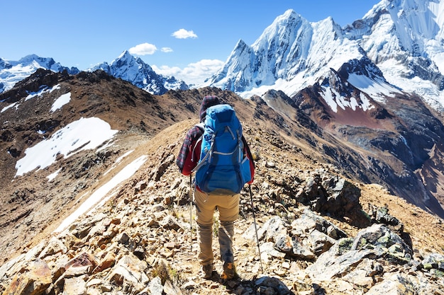 Hiking scene in Cordillera mountains, Peru