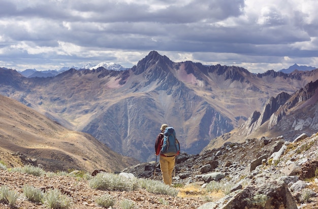 Hiking scene in Cordillera mountains, Peru