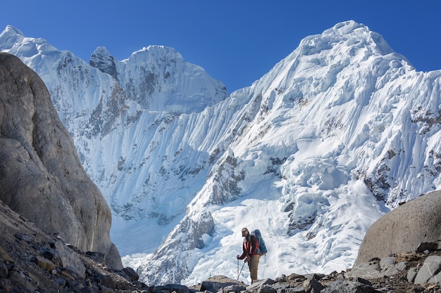 Hiking scene in Cordillera mountains, Peru