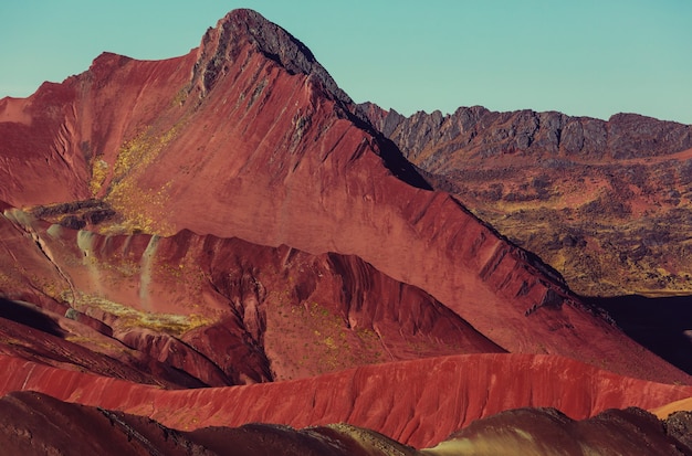 Hiking scene in Vinicunca, Cusco Region, Peru. Montana de Siete Colores,  Rainbow Mountain.