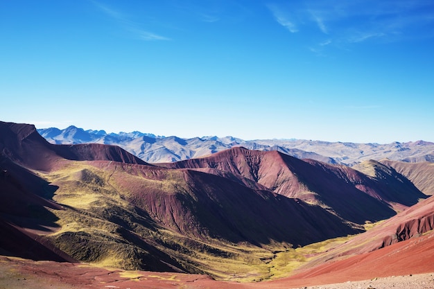 Hiking scene in Vinicunca, Cusco Region, Peru.