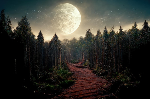 Photo hiking trail in the forest at night with full moon generative ai oil painting