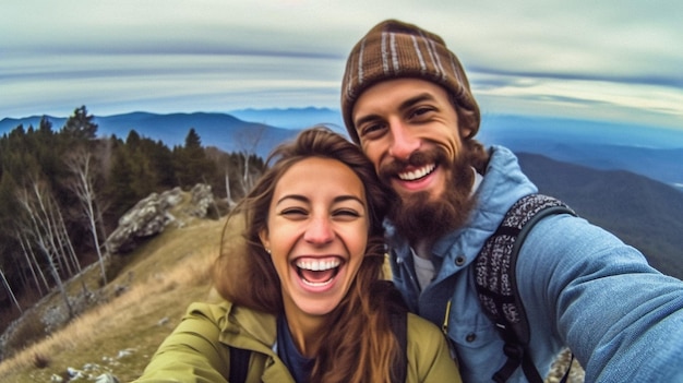 Hiking travel selfie by a joyful couple GENERATE AI