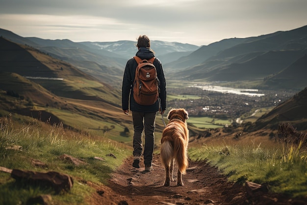 Hiking with a pet dog lush greenery forest a person and their canine companion navigating a winding path