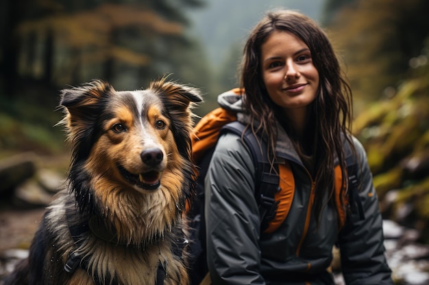 Hiking with a pet dog lush greenery forest a person and their canine companion navigating a winding path