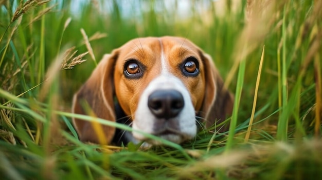 Hilarious close Generative AI of a Beagle Dog in Summer Grass