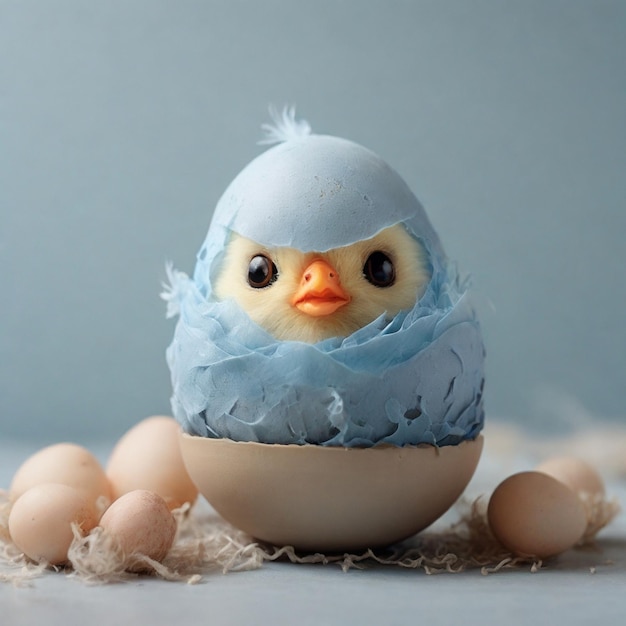 Hilarious Easter Egg Transformed Into A Cute Chick On A Light Blue Textured Background