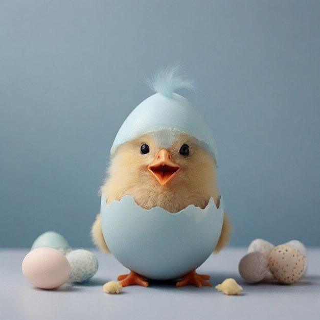 Hilarious Easter Egg Transformed Into A Cute Chick On A Light Blue Textured Background