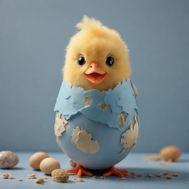 Hilarious Easter Egg Transformed Into A Cute Chick On A Light Blue Textured Background