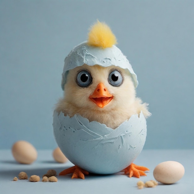 Hilarious Easter Egg Transformed Into A Cute Chick On A Light Blue Textured Background