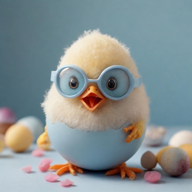 Hilarious Easter Egg Transformed Into A Cute Chick On A Light Blue Textured Background