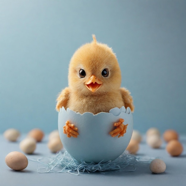 Hilarious Easter Egg Transformed Into A Cute Chick On A Light Blue Textured Background