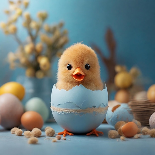 Hilarious Easter Egg Transformed Into A Cute Chick On A Light Blue Textured Background