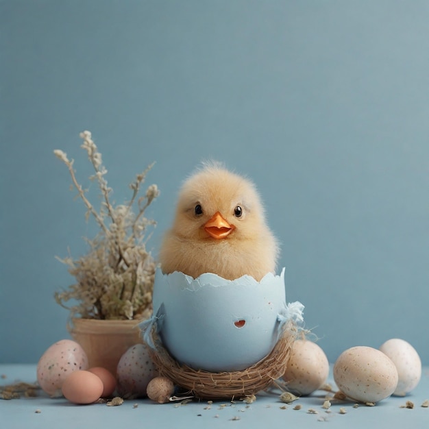 Hilarious Easter Egg Transformed Into A Cute Chick On A Light Blue Textured Background