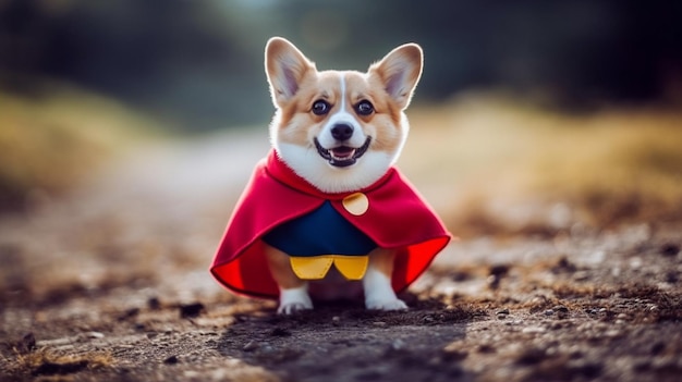 A hilarious photo of a corgi dressed in a superhero cape striking a pose with its chest puffed out