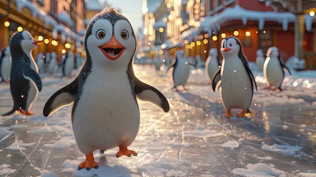 A hilarious scene featuring a clumsy penguin attempting to ice skate with comical slips and slide