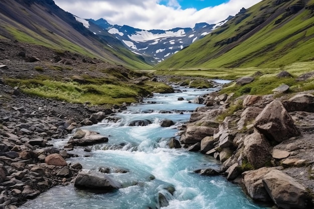 a hill and off a waterfall in summer with snow on the ground AI generative