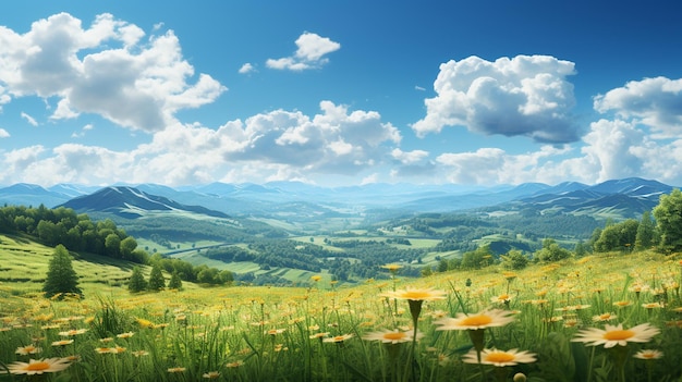 Hills green grass and sunflower plants beautiful and cloudy Generate AI