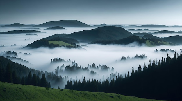 Hills peeking out of the fog over a forest valley scene