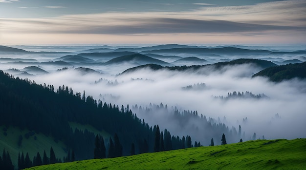 Hills peeking out of the fog over a forest valley scene