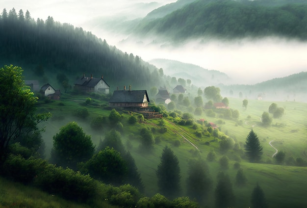 Hillside near the village in morning mist poetic scenery background