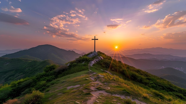 Hilltop cross against backdrop of majestic sunset