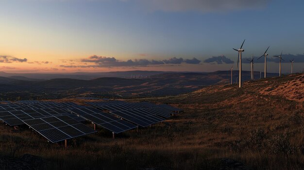 Hilltop View of Renewable Energy Mix at Dusk