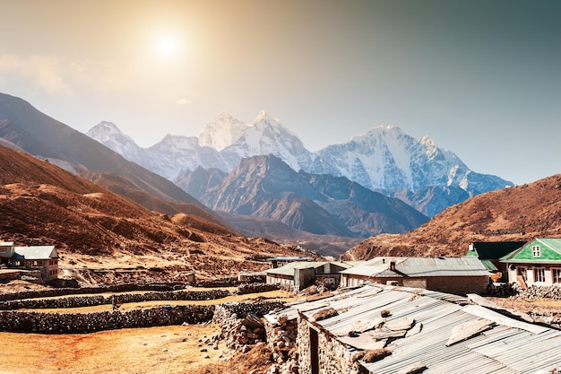 Himalaya mountains at altitude of 4500 m. View of mount Kangtega from Pheriche village at sunrise. Khumbu valley, Everest region, Nepal