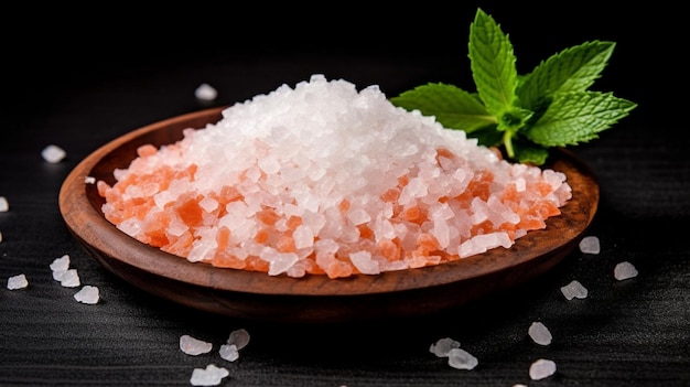 Himalayan rock salt and mint on a black background