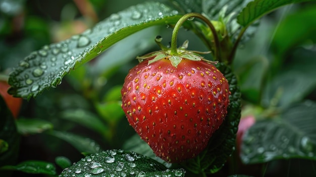 A Himalayan strawberry tree fruit in amongst fresh green leaves